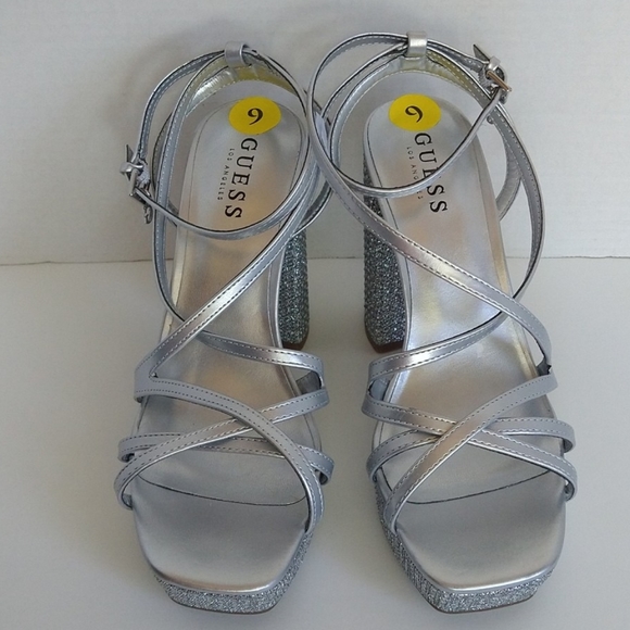 Guess silver embellished platforms heel rhinestones sandals size 9 - Picture 4 of 11